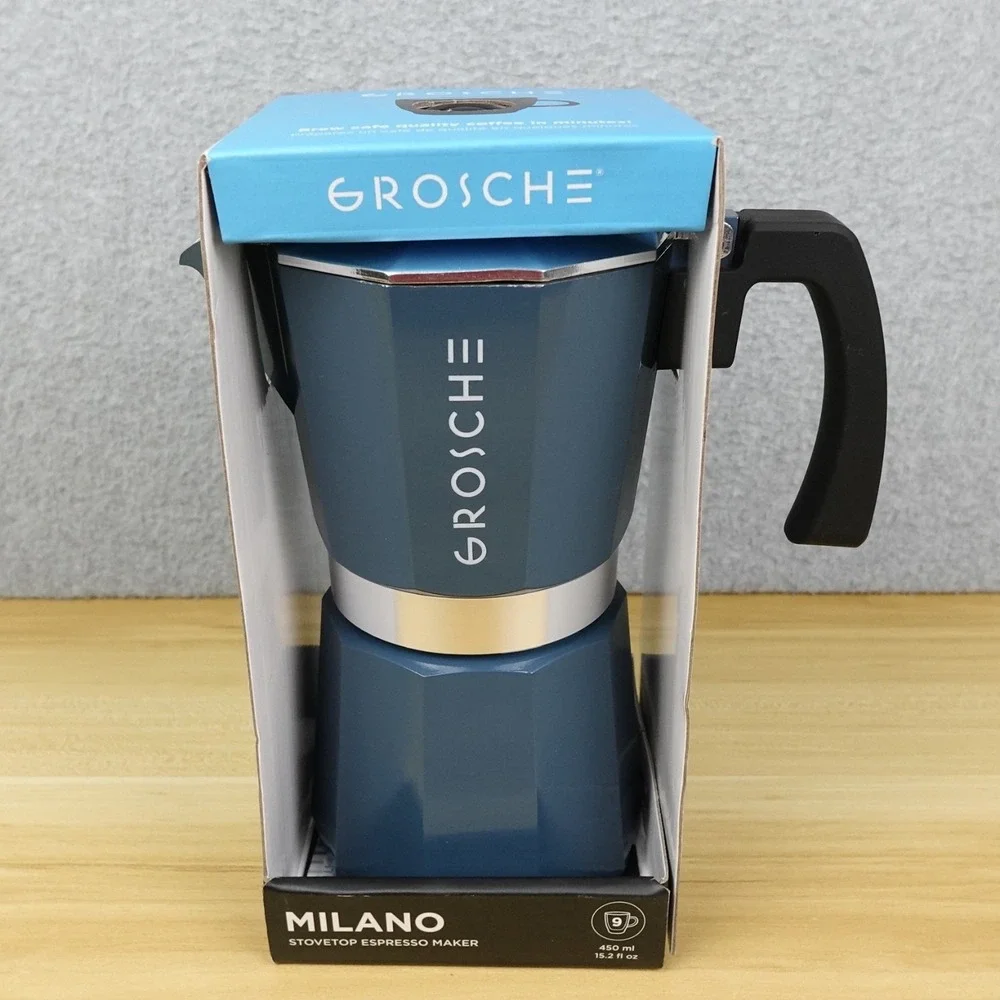 GROSCHE Milano Stovetop Espresso Maker Pot 9 Cups 450ml Blue Used Once